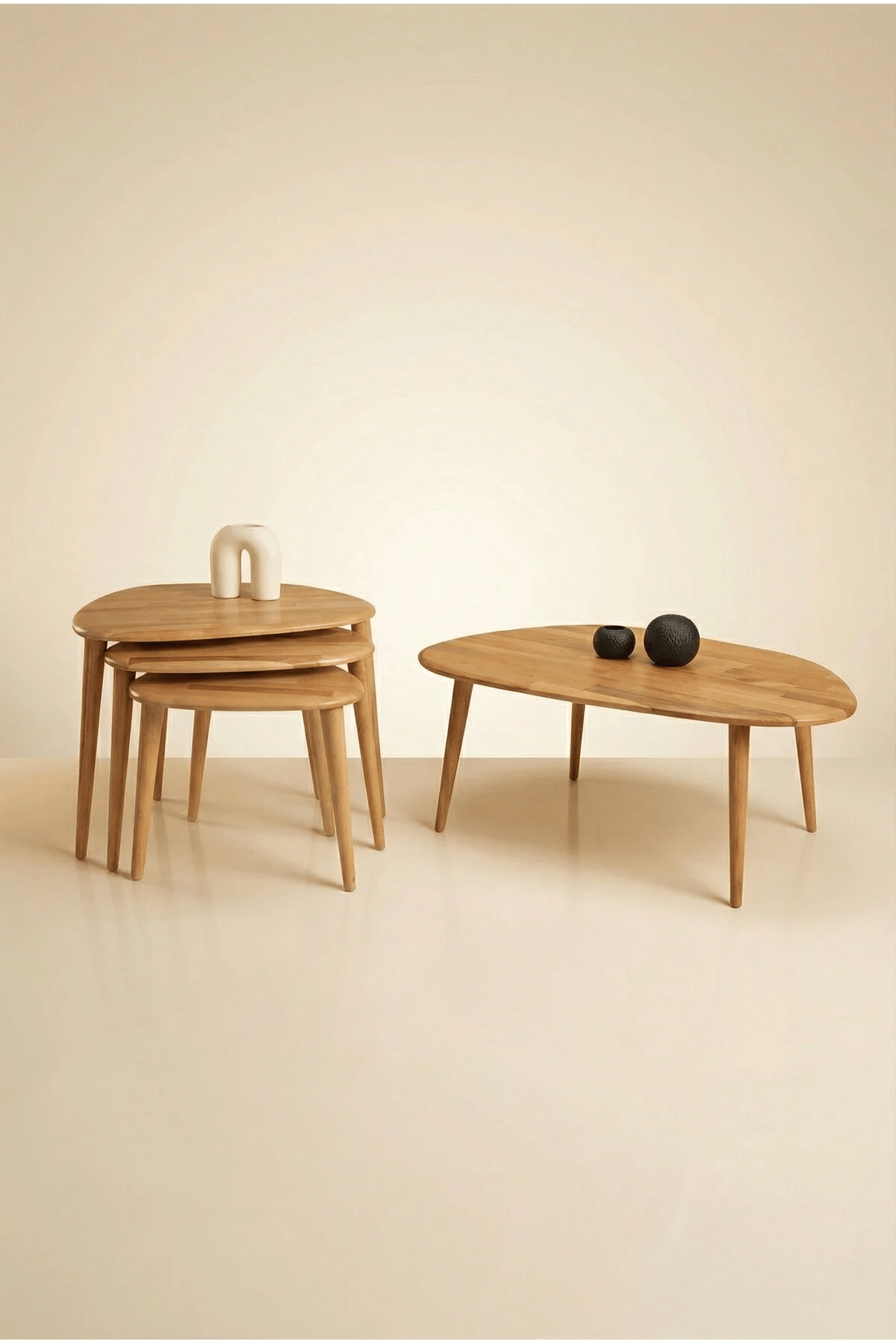 Amorphus | Oval Masif Doğal Ahşap Orta Sehpa ve 3'lü Yan Sehpa Set | Asimetrik Modern İskandinav Tasarım