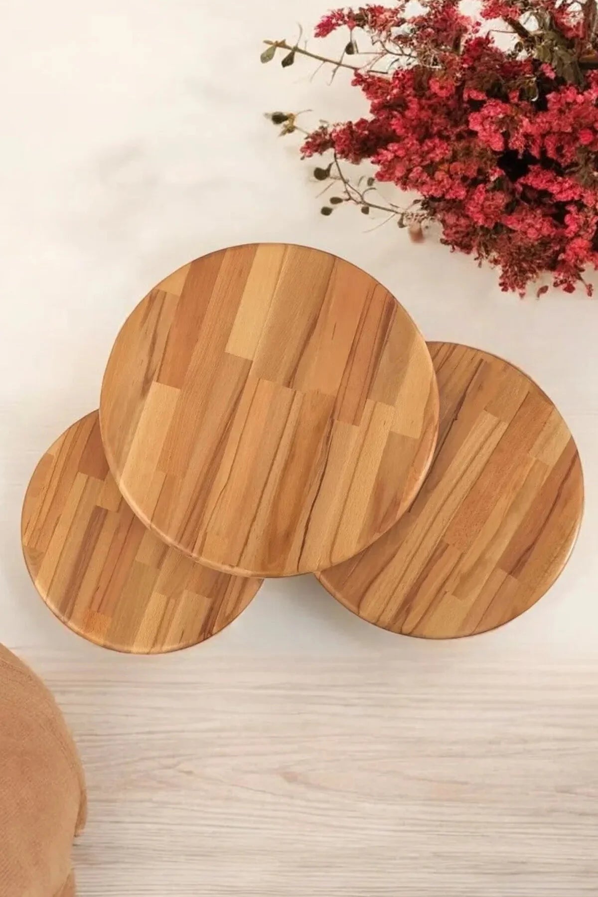 Masif Doğal Ahşap Yuvarlak Zigon Sehpa 3'lü Set