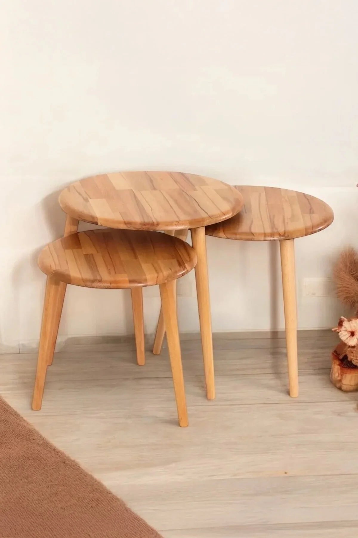 Masif Doğal Ahşap Yuvarlak Zigon Sehpa 3'lü Set