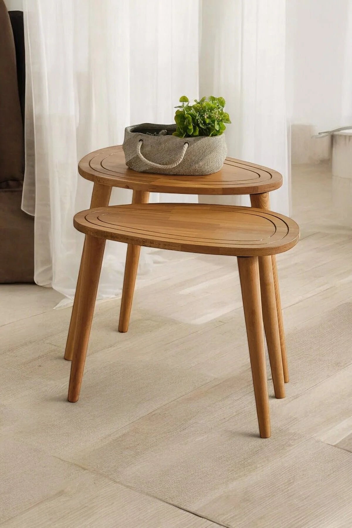 Masif Doğal Ahşap Zigon Sehpa 2'li Set