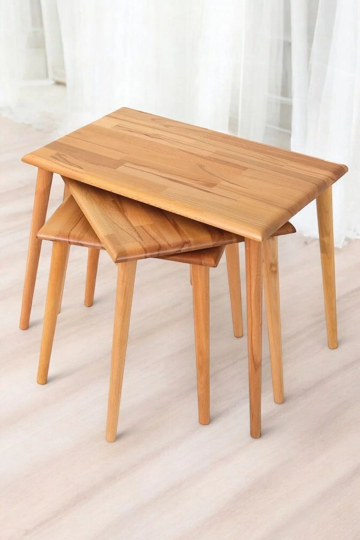 Masif Doğal Ahşap Kare Zigon Sehpa 3'lü Set