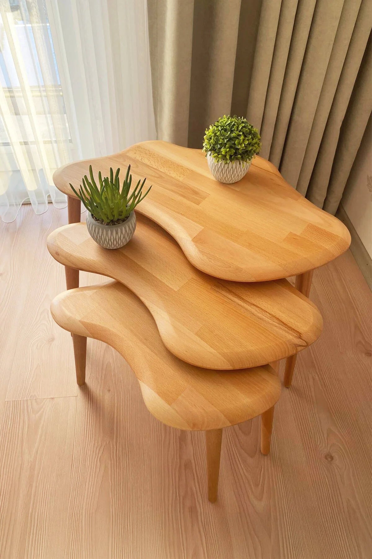 Masif Doğal Ahşap Asimetrik Zigon Sehpa 3'lü Set