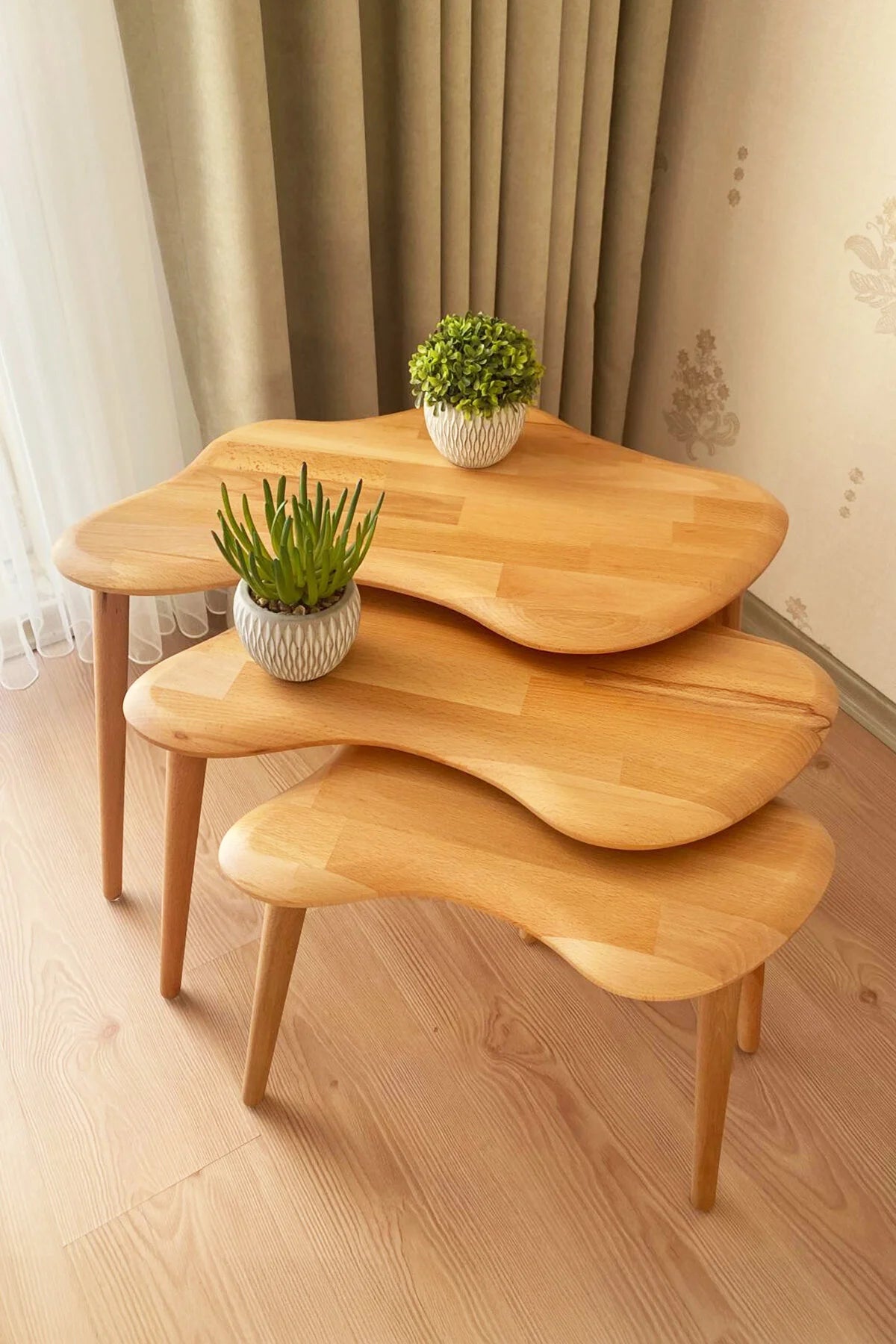 Masif Doğal Ahşap Asimetrik Zigon Sehpa 3'lü Set