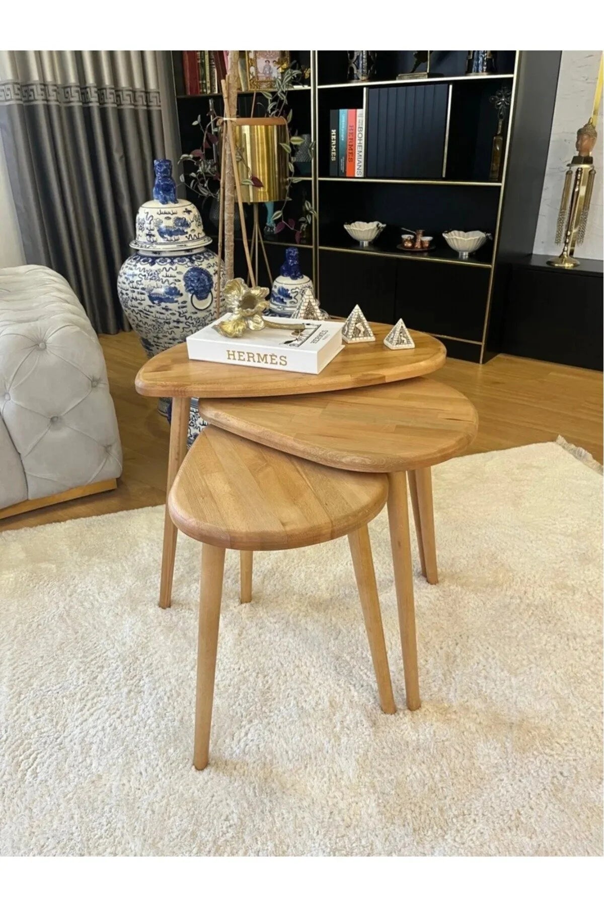 Masif Doğal Ahşap Zigon Sehpa 3'lü Set